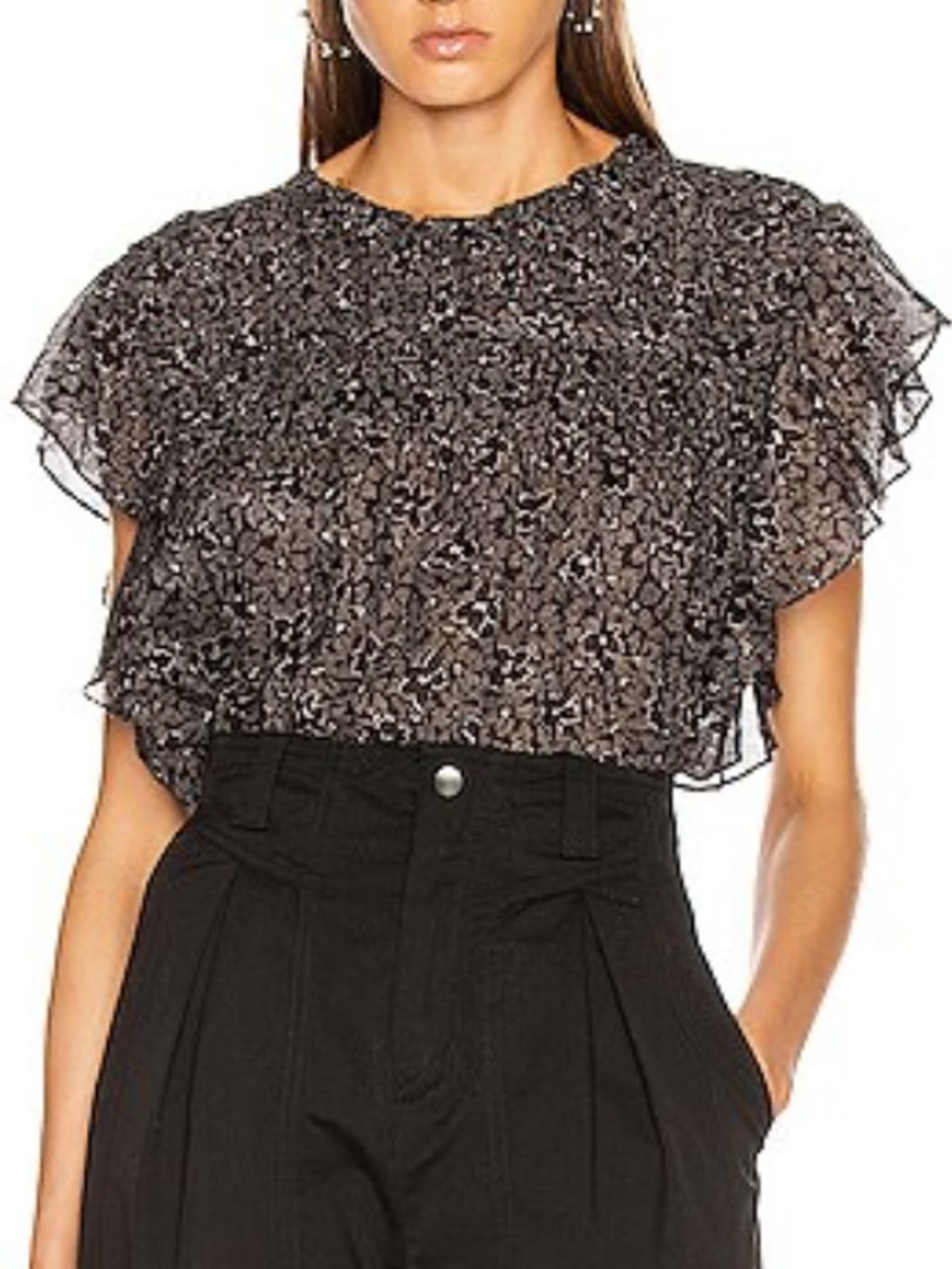 Isabel Marant Étoile navy blue floral semi-sheer flutter sleeve cotton blouse 36
